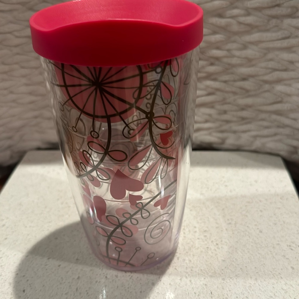 New TERVIS Swirlwind Clear Hearts Pink Swirls & Pink Lid 16 oz Insulated Tumbler